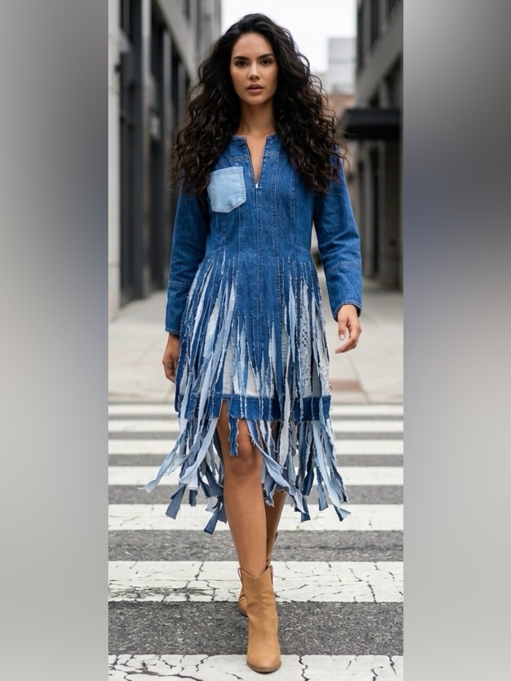 Upcycled triple layered Denim Fringe Midi Dress - Blue size XL
